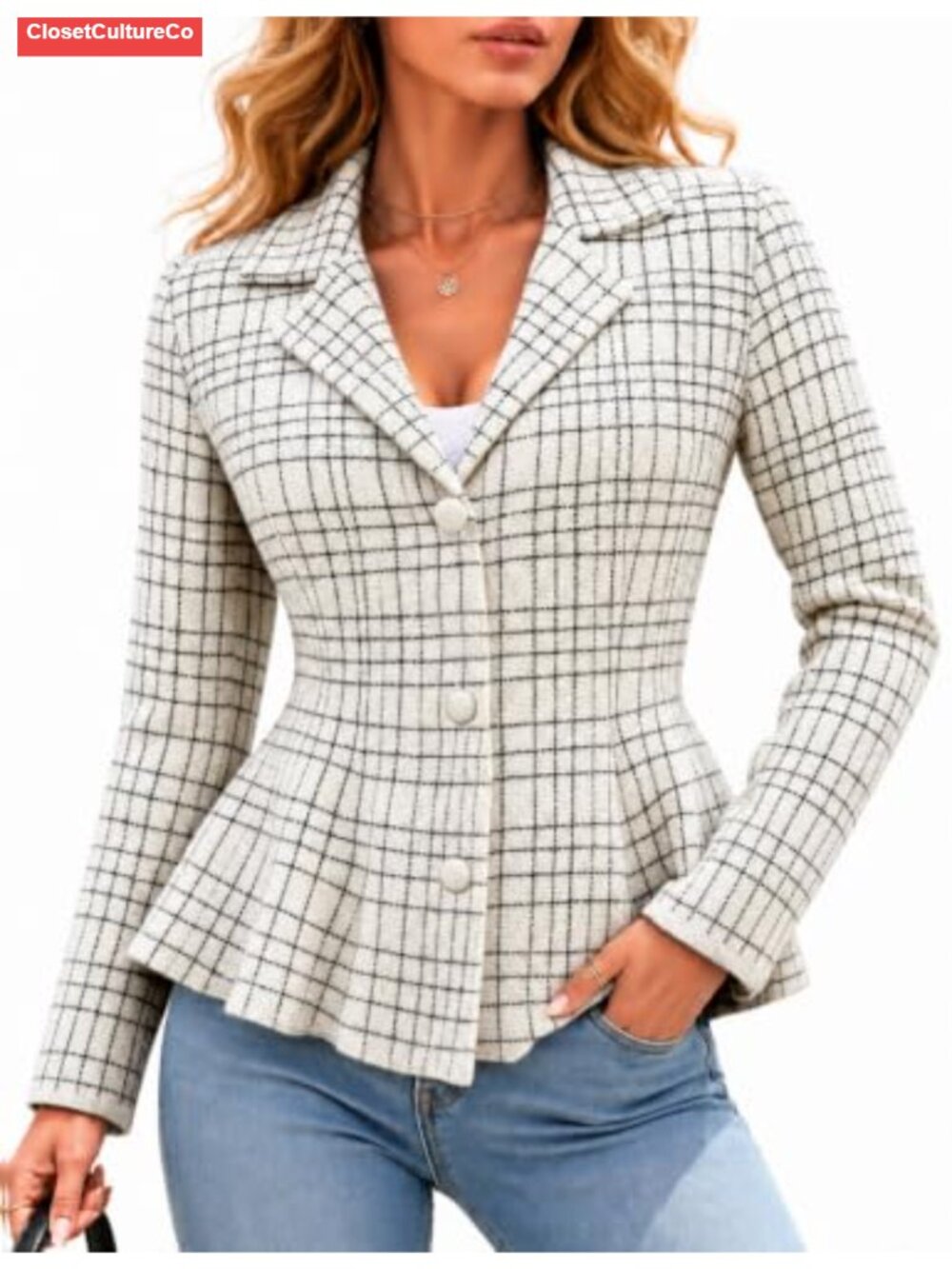 Womens Plaid Peplum Sweater Blazer Notched Lapel Button Cardigan Jacket
